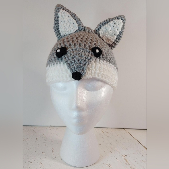 Grey Fox Child Handmade Beanie Crochet Stocking Hat Animal Winter Warm Cozy - Picture 1 of 6